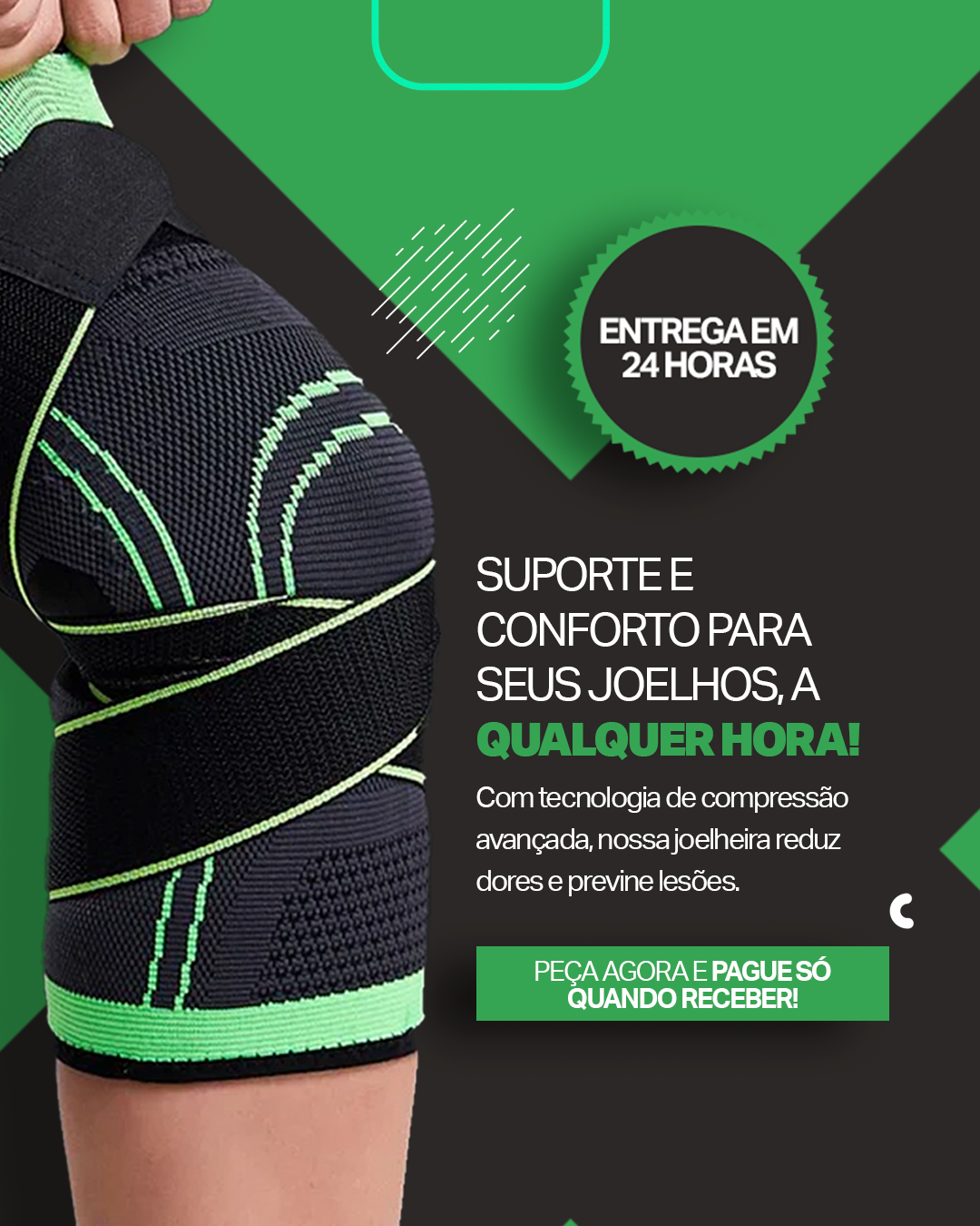 Joelheira Ortopédica Premium verde com suporte 360° para alívio de dores no joelho